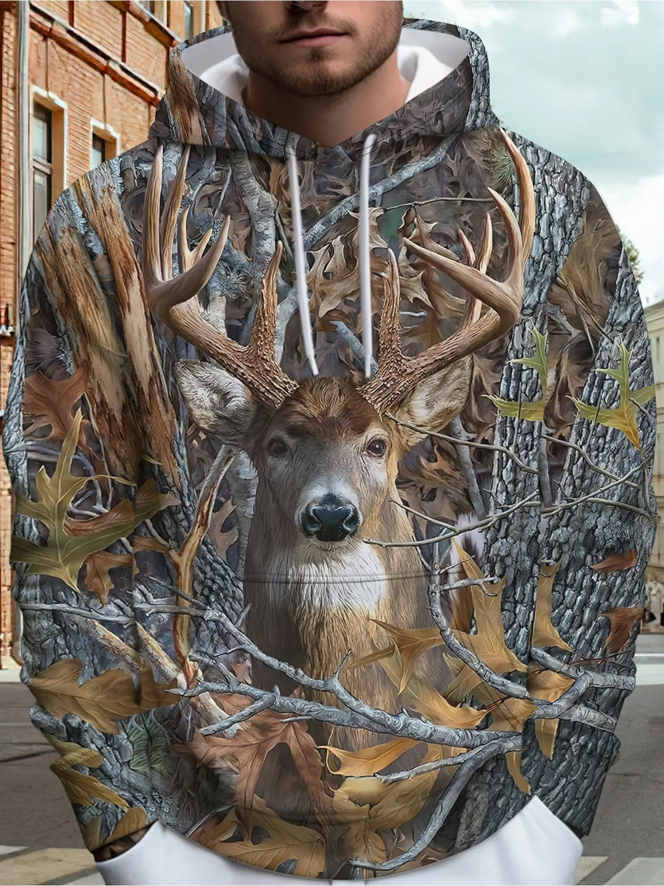 Men'S 3D Deer Camouflage Printed Hooded Sweatshirt - Lightweight, Breathable, Loose Fitting Pullover/Autumn Outdoor Casual Wear Suitable For Hunting And Daily Wear Graphic Print Hoodie