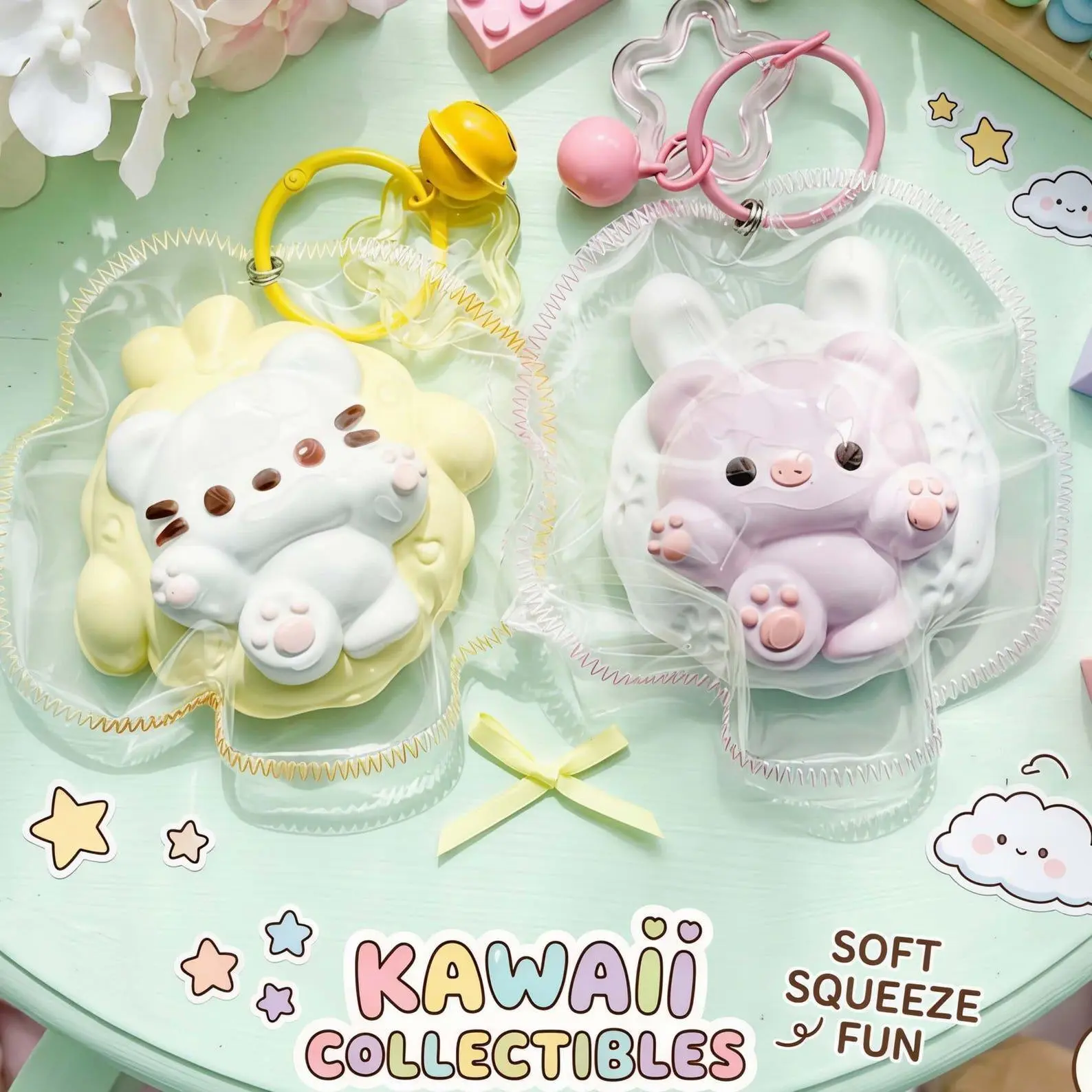 Colorful Animal-Shapes Kawaii Squishy Swimming Ring Toy, Food Safe Food-Grade Silicone, Unisex Stress Relief Squeeze Toy for Ages 12+, Cute Puppy Bear Pig Cat Sensory Fidget & Desk Decor Gift