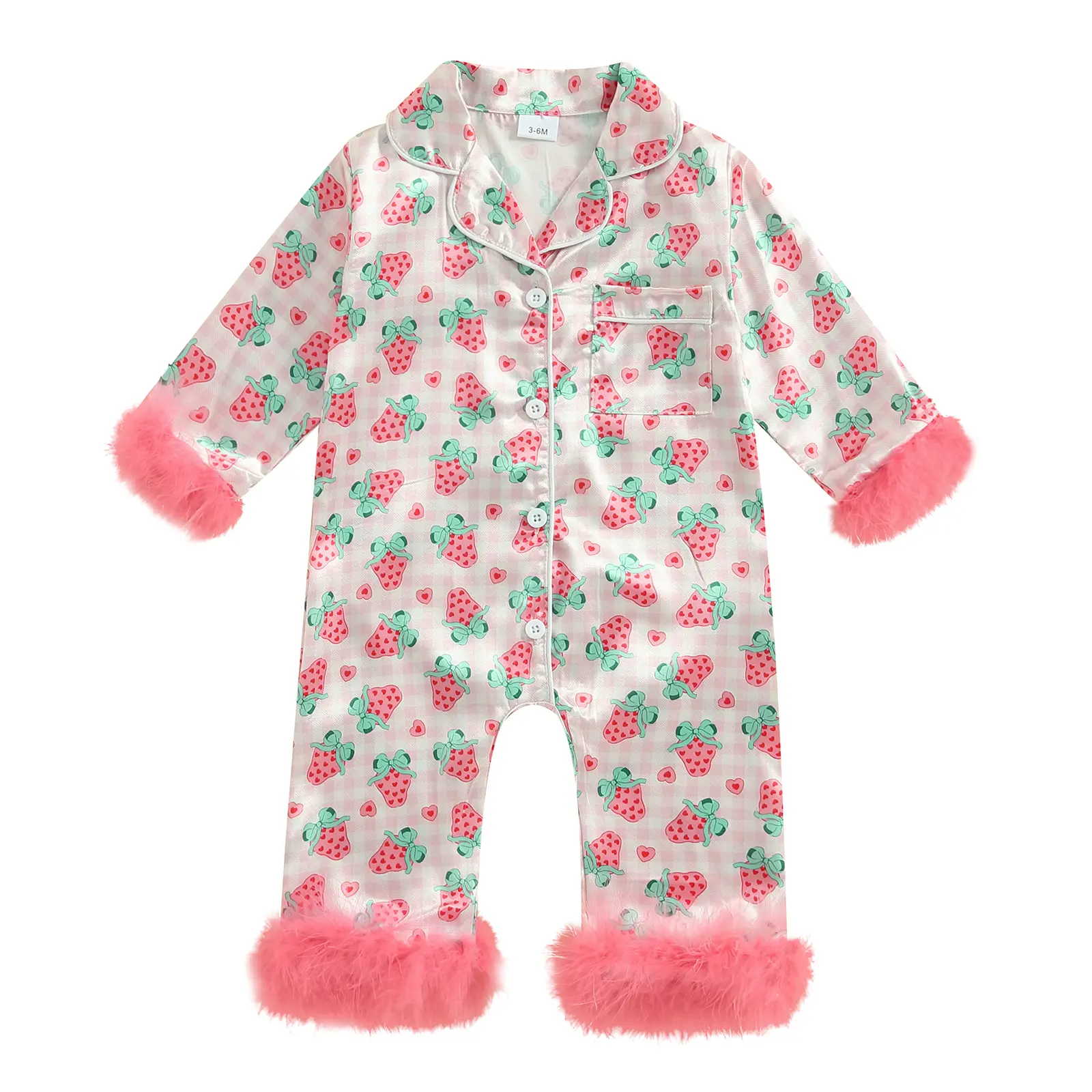 Infant Baby Girl Strawberry/Bow Print Pajamas 0-18 Months Long Sleeve Fuzzy Cuff  Sleeper Newborn Sleepwear Loungewear