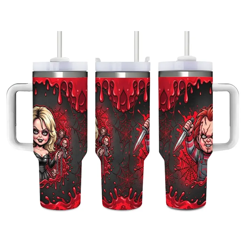 Slasher Icons Chucky & Tiffany Stainless Steel Insulated Tumbler with Straw/Lid, Bloody Gothic Design Travel Cup for Hot/Cold Drinks, Perfect for Movie Nights, Office, Car, and Spooky Gift for Fans.