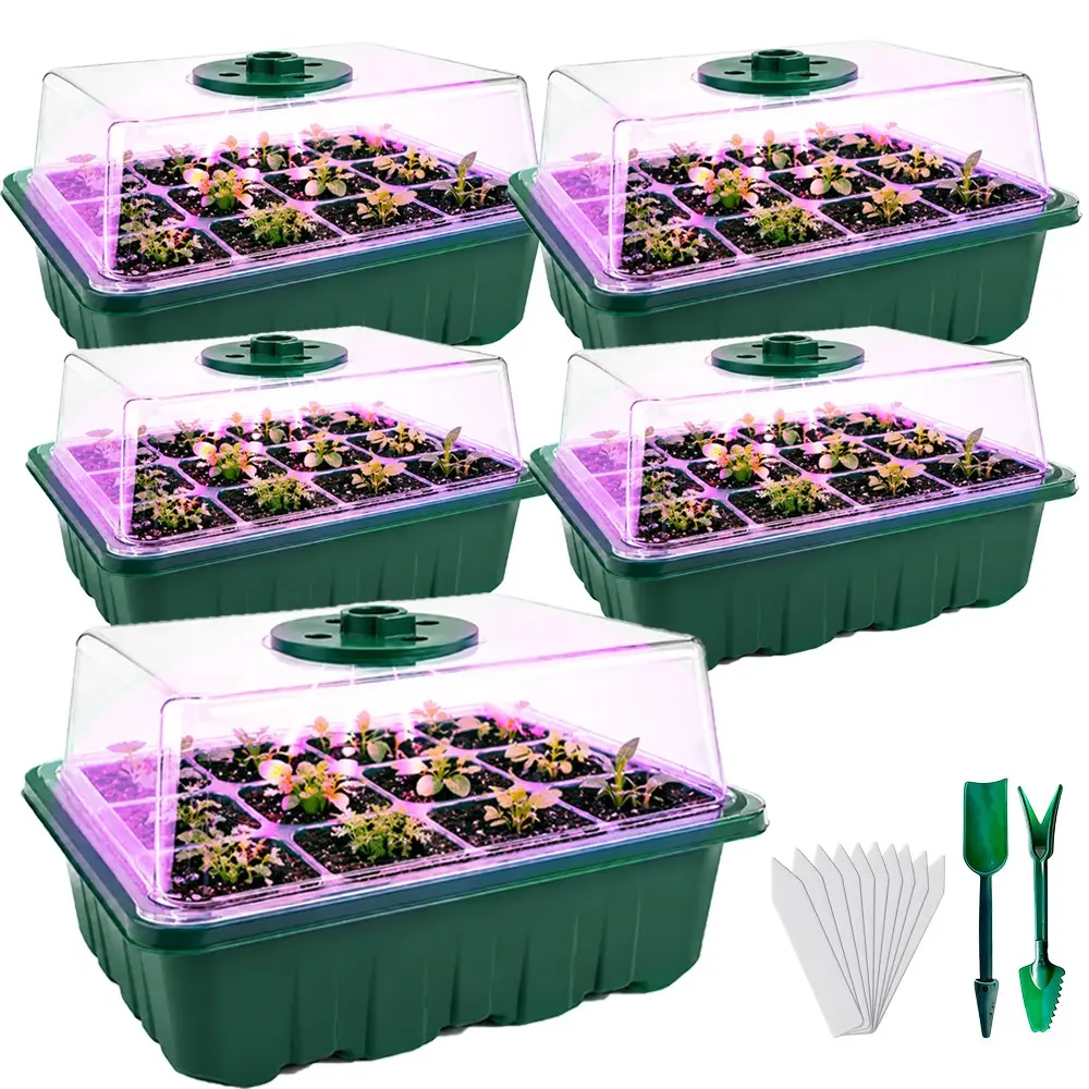 3/4/5 Piece Seedling Tray Set with LED Grow Light, Adjustable Humidity Cover, Ideal for Indoor Greenhouse, Seeds, Vegetables, Flowers, Herbs, Garden Greenhouse Kit