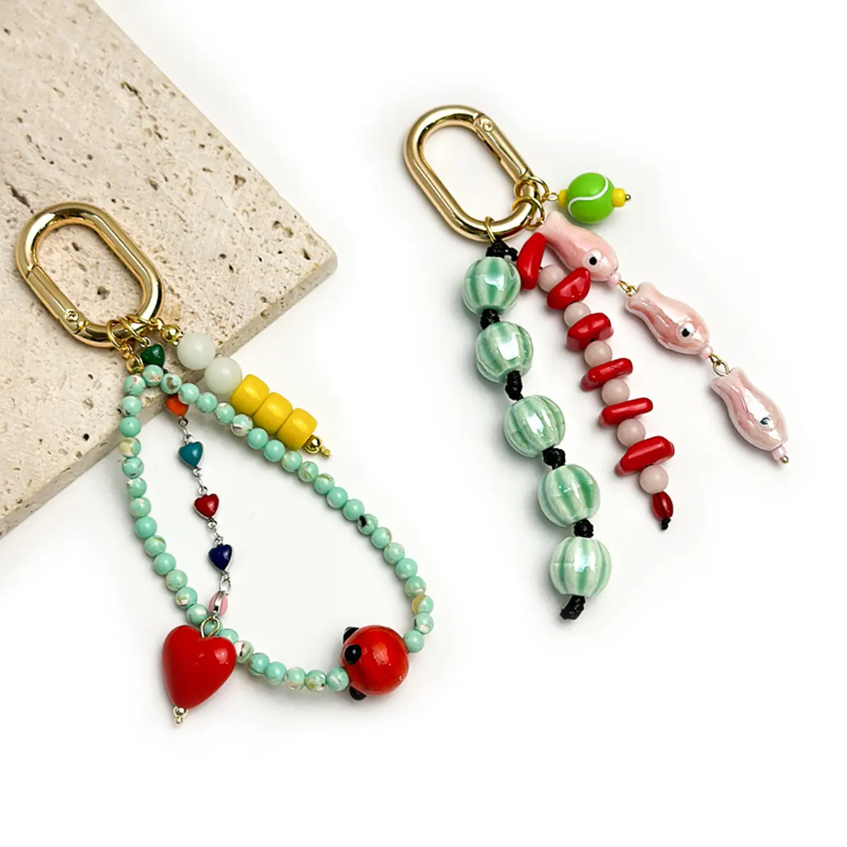 Unisex Handmade Heart-Shaped Ceramic Fish Keychain - Beaded Carabiner Collectible, Keychain Accessory for Camping, Hiking Hammocks, Backpacks, Purses, Heart Keychains