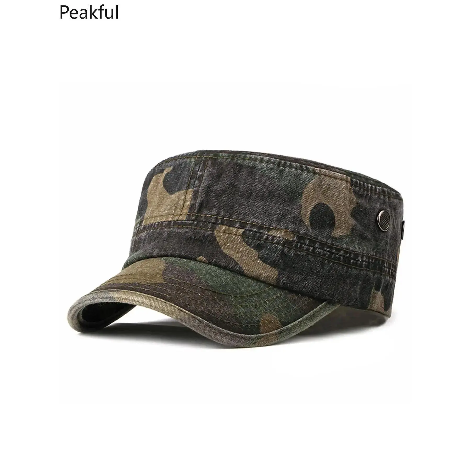 Fitted Army Cap, Vintage Washed Camouflage Cadet Hat for Adults, All-Seasons Casual Street Fashion Headwear for Outdoor Hiking, Fitted Caps, Flat Bill Cap