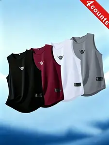 4 Pack Men's Sporty Sleeveless Tops, Breathable Quick-Dry Knit Fabric, Ideal for Running and Fitness, Navy Wine