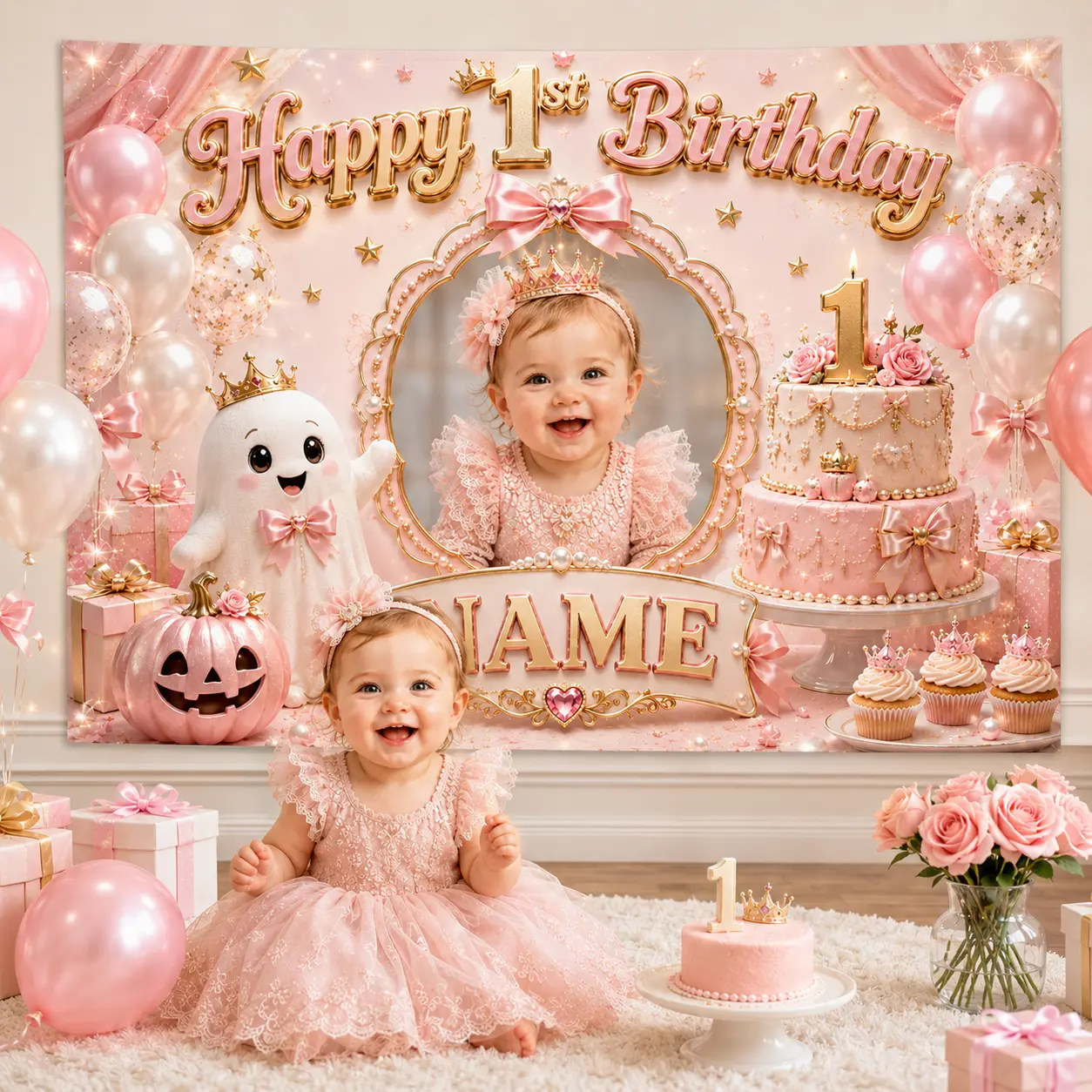 Pink Princess 1st Birthday Backdrop, Custom Photo and Name Banner