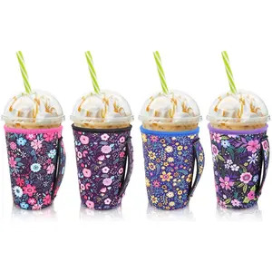 4Pack Reusable Insulated Neoprene Iced Coffee Sleeve Holder for Cold Drink Beverages, Fits 22-24oz Medium Cups (Flower)