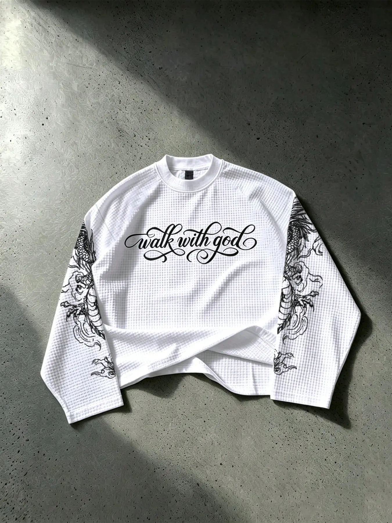 "Walk With God" Dragon Print Waffle Knit Long Sleeve T-Shirt | Oversized Y2K Streetwear Crewneck Top Textured Knit Tops for Daily Casual Outfits