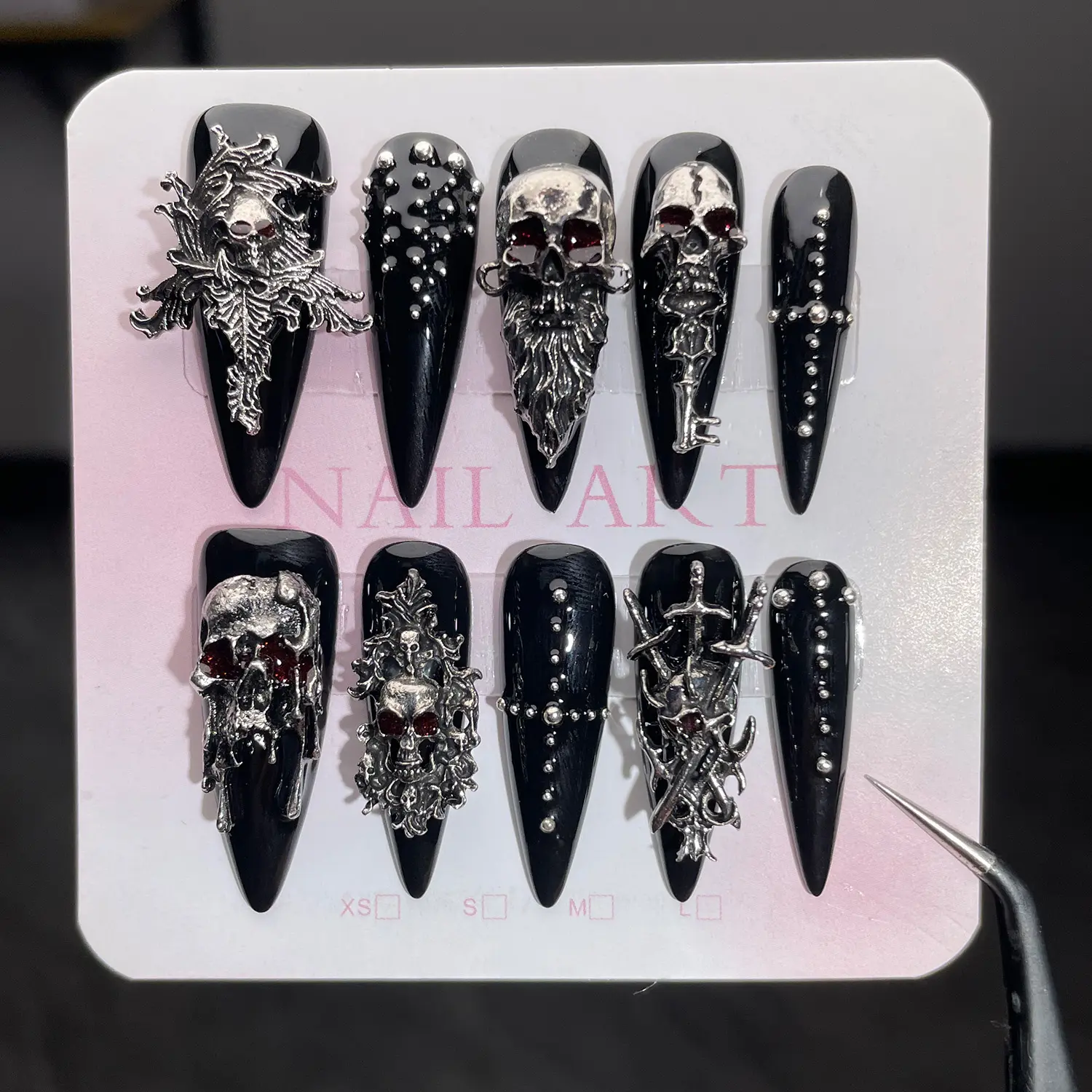 10pcs Handmade 3D Silver Skull Press On Nails, Halloween Witch Armor Gothic Fake Nails, Sharp Long Stiletto Design, Removable, Includes Nail File, Acrylic Stick & Jelly Self Adhesive