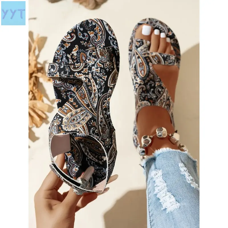 YYT1 Women's Boho Paisley Print Platform Sandals - Open Toe, Cutout Ankle Strap, Wedge Heel Footwear with Vintage Ethnic Floral Design, Rubber Sole for Casual Wear