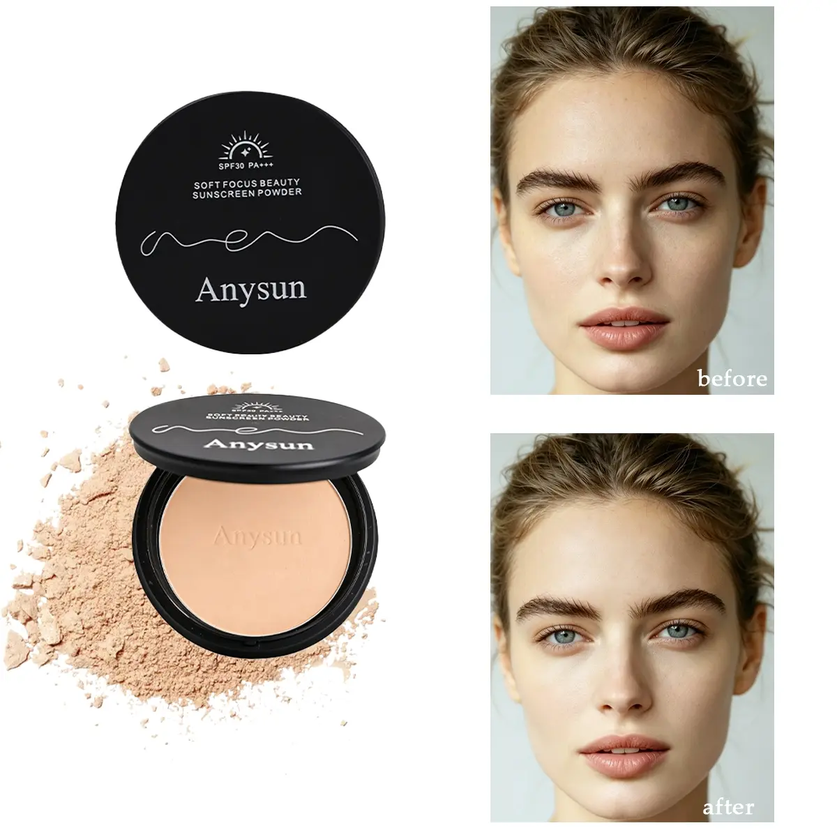 SPF30 PA+++ Sunscreen Pressed Setting Powder, Non-Comedogenic Breathable Compact Powder, Oil Control Long Lasting Makeup, Tone Evening Brightening Face Cosmetic