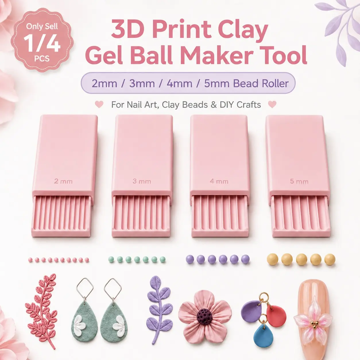 1/4 PCS 3D Print Clay Gel Ball Maker Tool, 2mm/3mm/4mm/5mm Bead Roller for Creating Round Clay Beads, Nail Art 3D Gel Flowers, Polymer Clay Crafts, Resin Accessories, Jewelry Making, Earrings, Charms and DIY Handmade Craft Projects