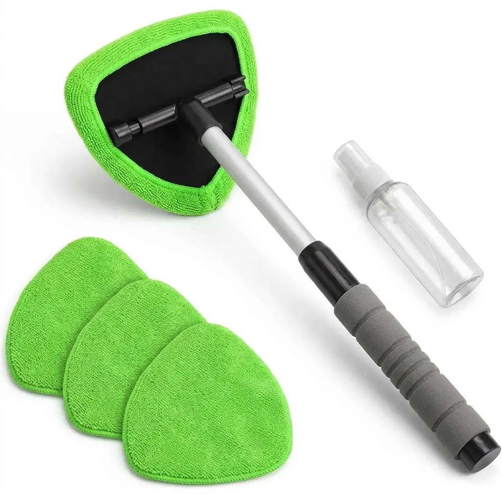 Professional Telescopic Car Window Cleaning Kit Set (6pcs) - Extendable Reach, Pivot Head, 6 Microfiber Bonnets, Vent Brush, Refillable Sprayer, Reusable Pads, Microfiber Cloth for Cars, Trucks, Hard-to-Reach Mirrors - Streak-Free Glass Care Tool, Crystal