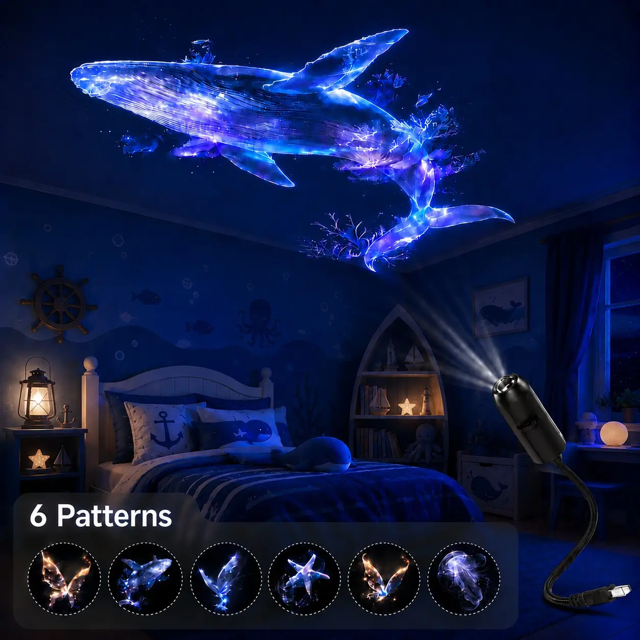 Mini USB Ocean Projector Lamp, 360° Adjustable LED Projection Light with 6PCS Discs, Whale, Jellyfish, Starfish, Butterfly Ceiling Decor, Dreamy Night Light for Bedroom, LED Nightlight
