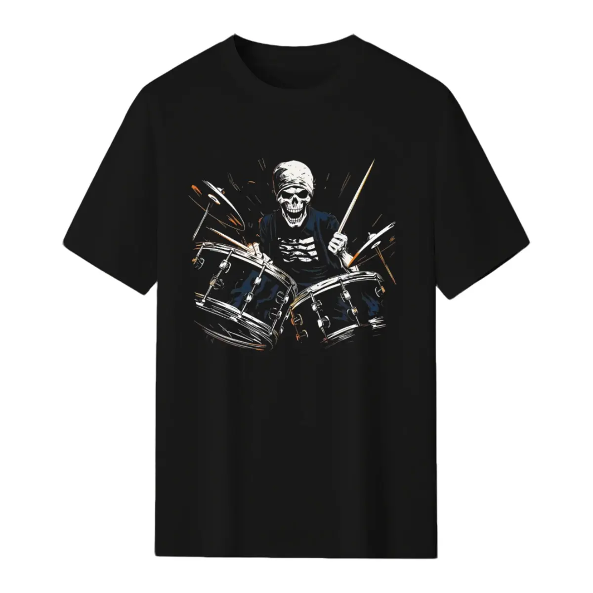 Grunge Skeleton Drummer Rock Band Drum Set Graphic T-Shirt, Crew Neck Short Sleeve Music Lover Punk Rock Casual Tee Top