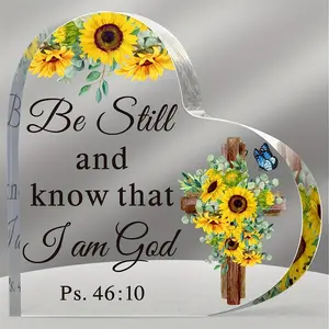 Sunflower Cross Heart Acrylic Plaque Be Still and Know I Am God Bible Verse Christian Desktop Ornament Gift