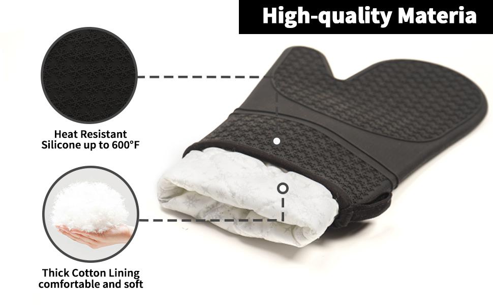 Silicone Oven Mitts, Heat Resistant to 500 Degrees Fahrenheit, 2-Pack Kitchen Gloves, 11.6inch BPA-Free Soft Baking Gloves, Non-Slip Grip Oven Mitts with Soft Cotton Lining, Suitable for Kitchen Cooking, Baking, Barbecue - Black