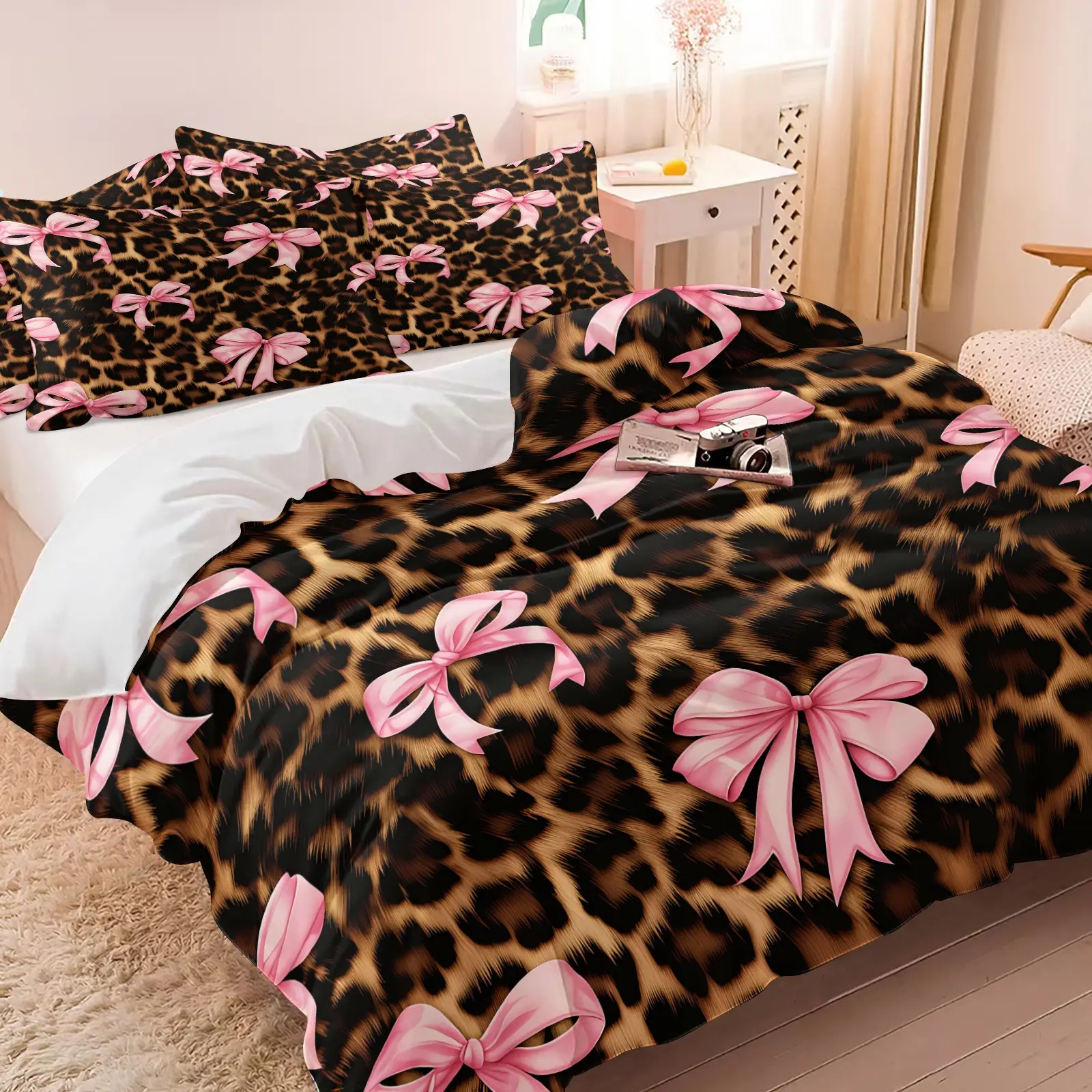 3PCS Y2K Leopard Pink Bow Duvet Cover Set（1 Duvet Cover + 1-2 Coreless Pillowcases ), Retro Leopard Skin Pink Bow Pattern, Soft Comfy All Seasons Summer Vibes Bedding Set,Ideal for Trendy Girly Bedroom Dorm Decor