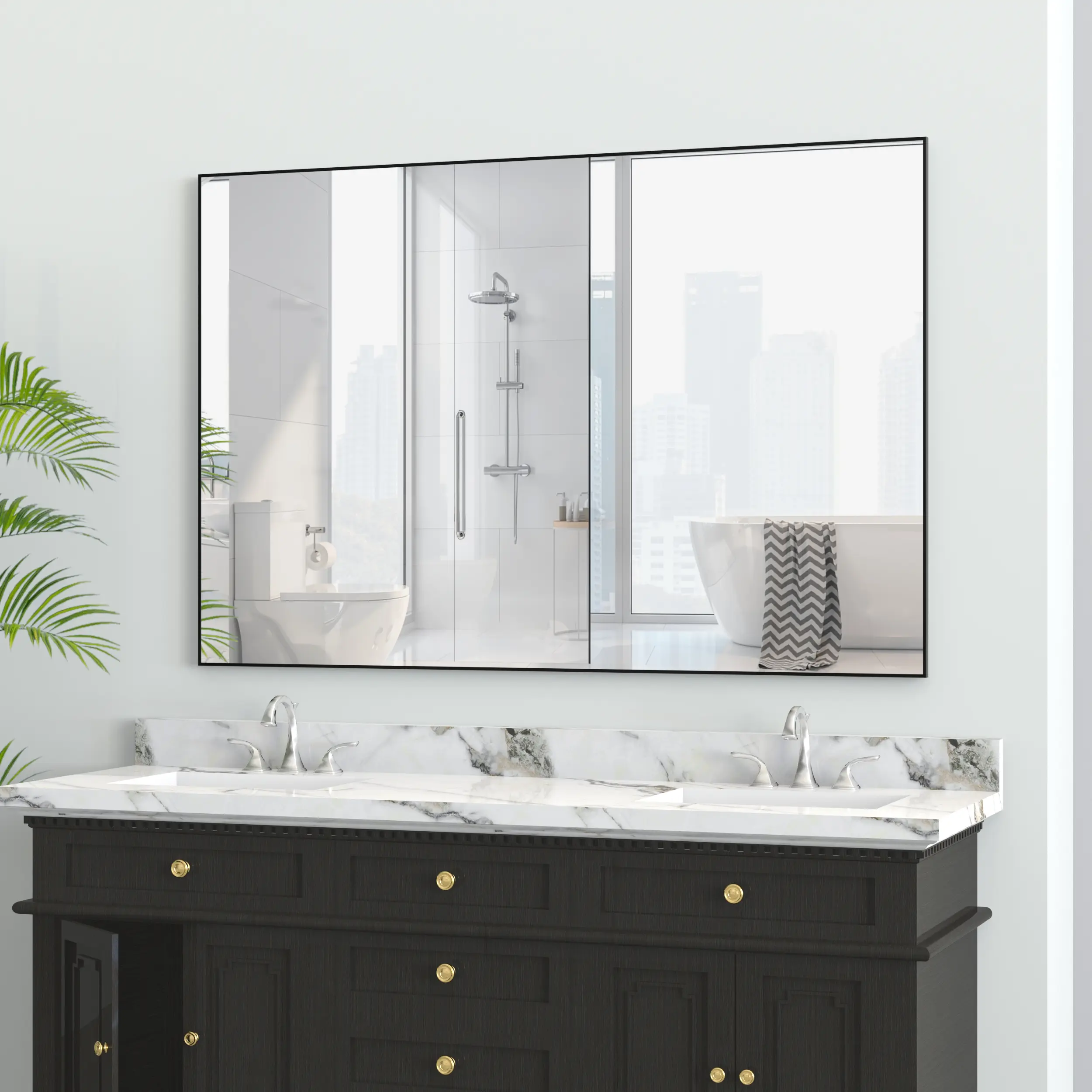 48x32 in Oversized Minimalist Design Wall Hanging Mirror, Rust-Free Matte Black Modern Durable Aluminum Frame, Wall-Mounted Bathroom Vanity Mirror for Bathroom, Entryway (Vertical-Horizontal Hanging), Minimalist Design Bathroom Mirrors