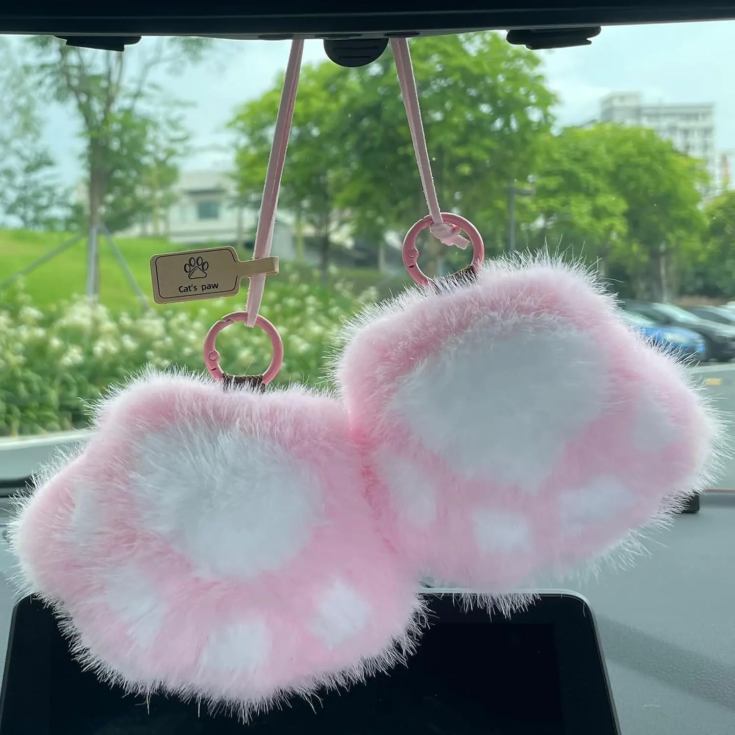 Cute Paws Synthetic Fuzzy Texture Paw-Shaped Plush Ornaments with Hanging Hook - 4-in Pair of Soft Car Rearview Mirror Accessories, Suitable for Bedroom & Cafe Decor
