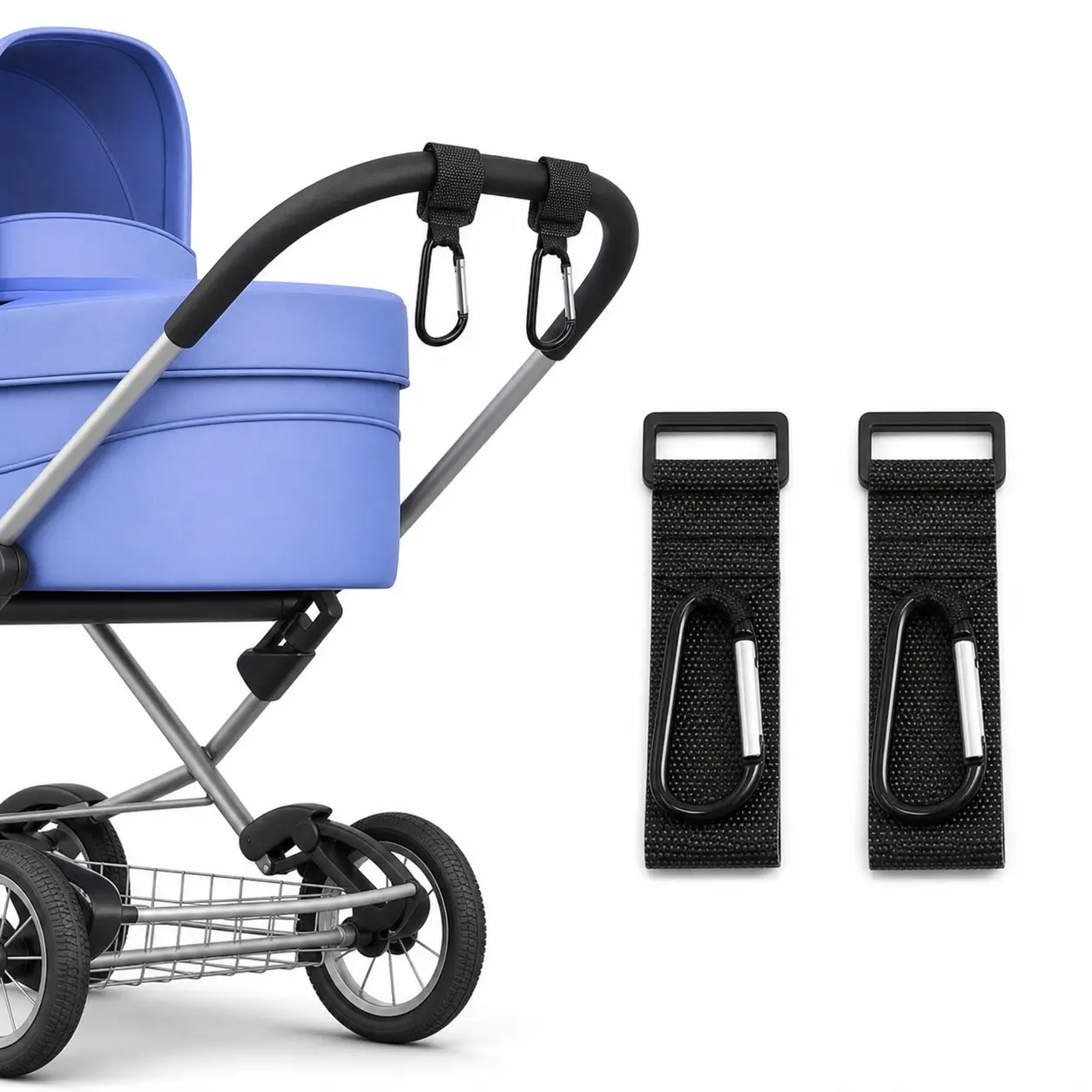 2-Piece Baby Stroller Hooks Set, Adjustable Velcro + Strong Carabiner, Universal Fit, Portable Storage Accessories, Ideal for Outdoor Use