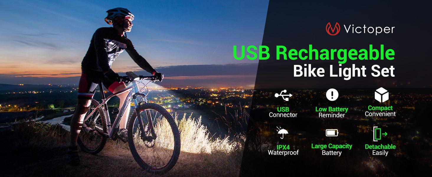 Victoper Bike Light, High Lumens Super Bright Bicycle Lite, 6+4 Modes USB Rechargeable Bike Headlight & Taillight Set, Waterproof Safety Bike Front & Rearlight for Road, Mountain, Night Riding