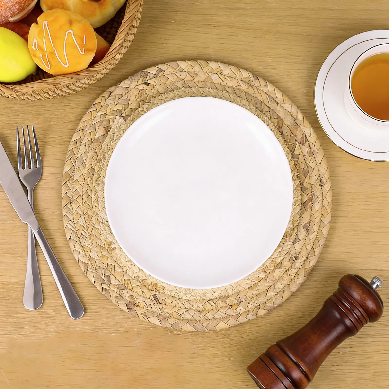 Boho Farmhouse Handmade Woven Placemats, Set of 8 - Natural Gourd Grass & Corn Husk - Heat Resistant 11.8 x 11.8 in Square - Ivory Rustic Table Decor