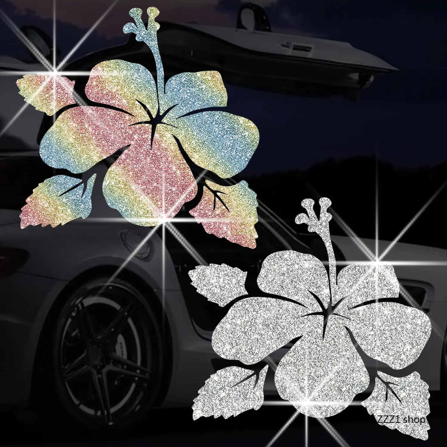 Tropical Hibiscus Car Stickers, Glitter Rainbow Silver Vinyl Decals, Waterproof Decoration for Auto Windows, Bumpers & Laptops, Window/Bumper