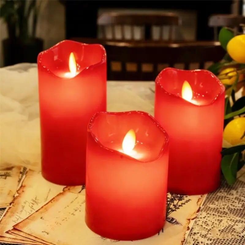 3-Pack Red Flickering Flame-Free Candles, Decorative Light, Battery-Powered Electric Pillar Candles Flame Effect Ideal for Table Decorations, Christmas, Weddings, and Holiday Celebrations (Batteries Not Included)
