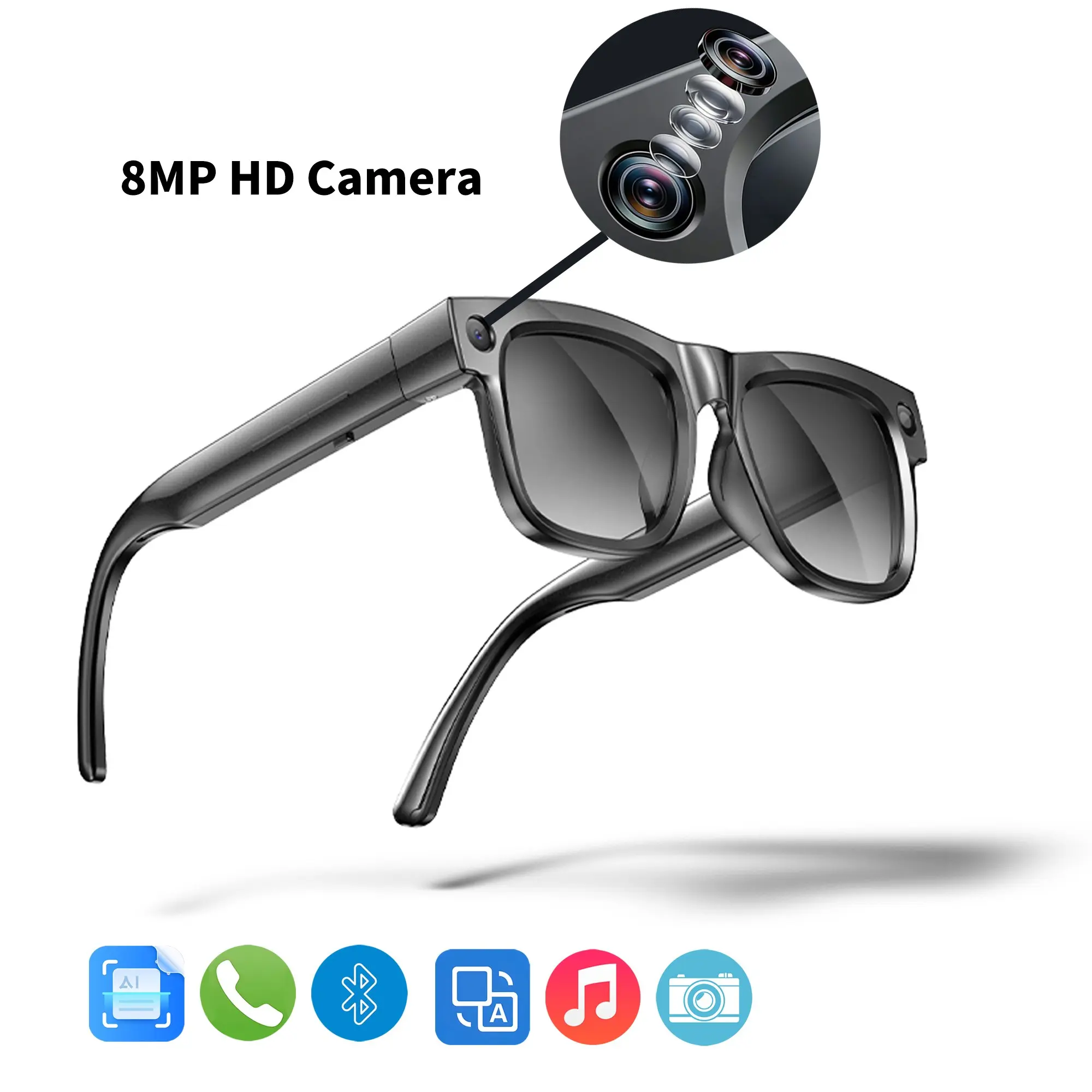 New AI  Smart Glasses with 8MP HD Camera, 4GB Memory, EIS Video Recording, Real-Time Translation, Wireless Calling, Music Playback, Voice Assistant, Sports Eyewear, Multifunctional Smart Glasses, Wearable Tech Glasses