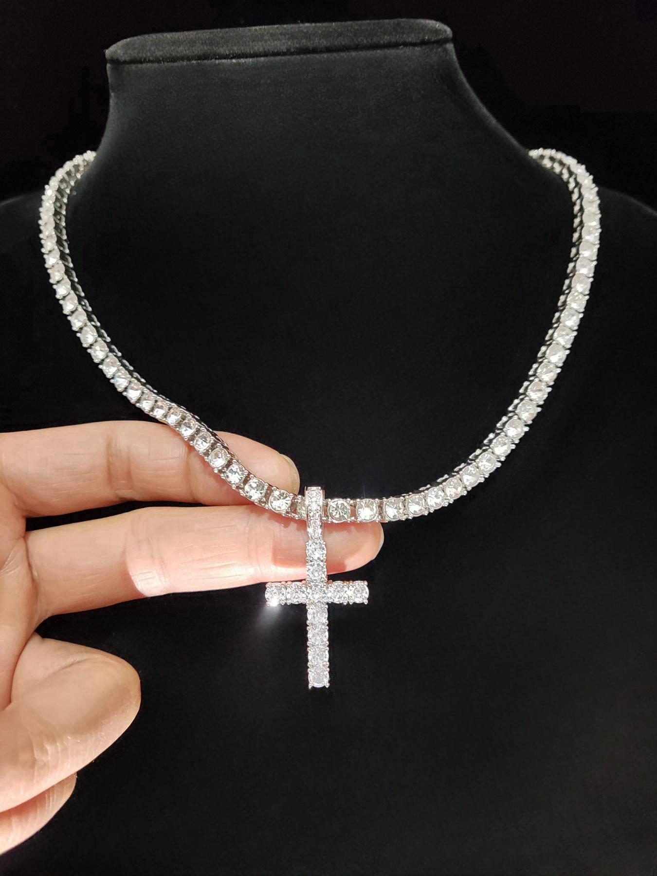 Men's Street Style Artificial Zircon Inlaid Cross Pendant & Cuban Chain Necklace, Cross Charm Necklace, Fashion Jewelry for Party, Daily Decor, Trendy All-match & Exquisite Jewelry for Birthday Gift