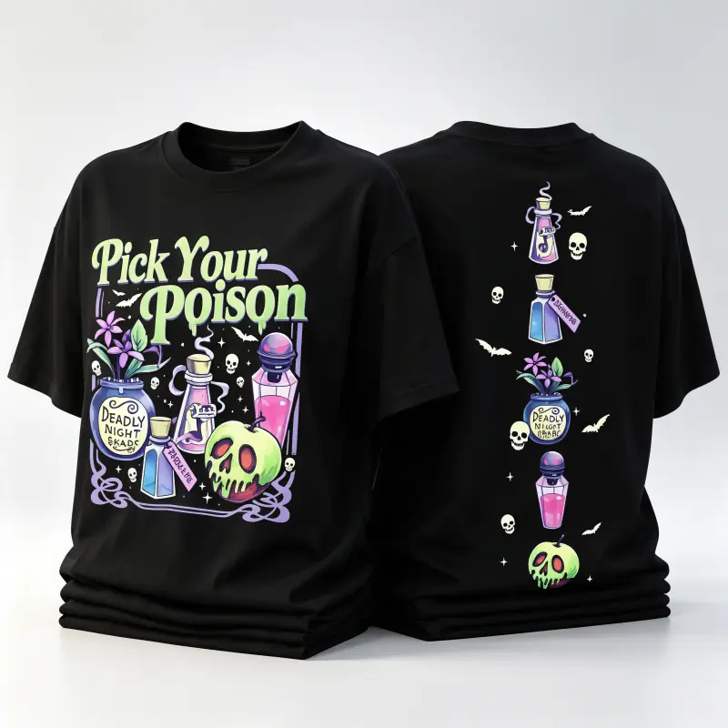"Pick Your Poison Villains" Spooky Potion Halloween 2-Sided Graphic Unisex Short-Sleeve Crew Neck T-Shirt, Casual Sports Top for Adults, Ideal for Girls Trip, Beach Outings