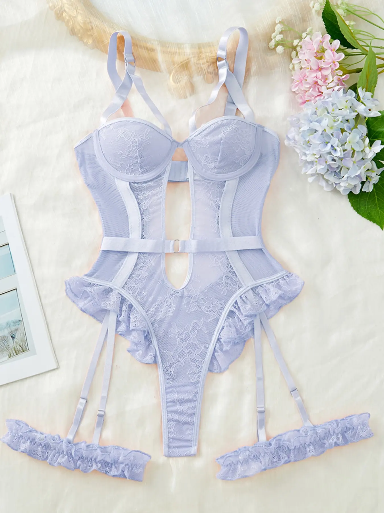Sexy Hollow Out Teddy Bear Soft Comfy Lingerie Set, Sheer Mesh Bodysuit, Women's Lace Underwear, Lingerie Garter Set, All Seasons