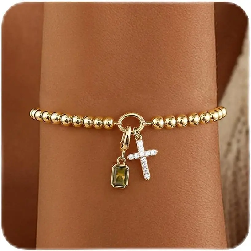 Birthstone Gold Beaded Bracelets for Women Trendy Cross Bracelet |   14K Gold Plated,Cute Friendship Bracelets for Women Non Tarnish,Dainty Stackable Charm Bracelet Stack for Birthday Jewelry