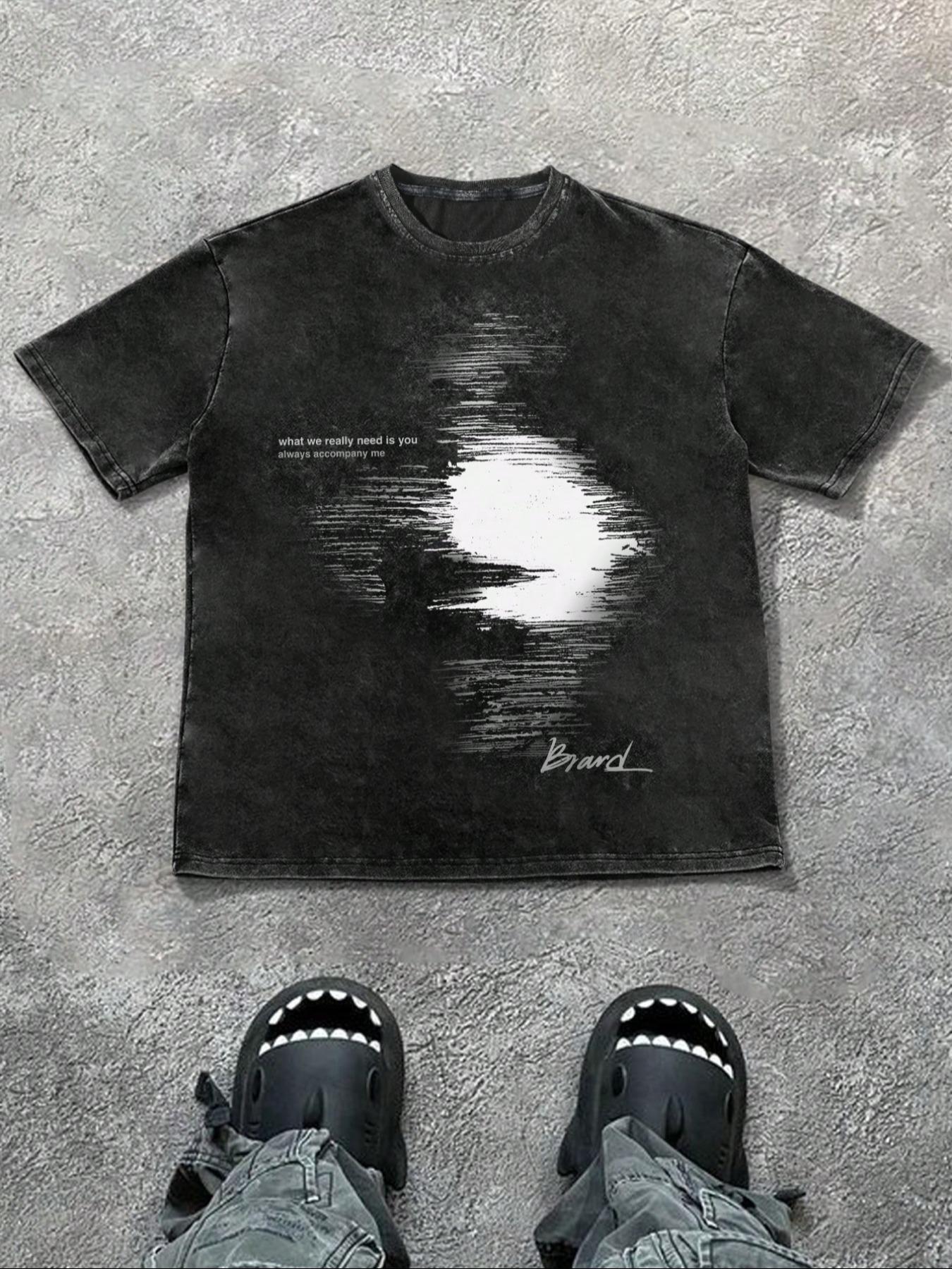 Men's Regular Fit Plain Wave Print Short Sleeve Graphic Tee Casual Style Tee Comfy Round Neck T-shirt for Summer, Fashion Men's Top for Daily Wear, Cotton