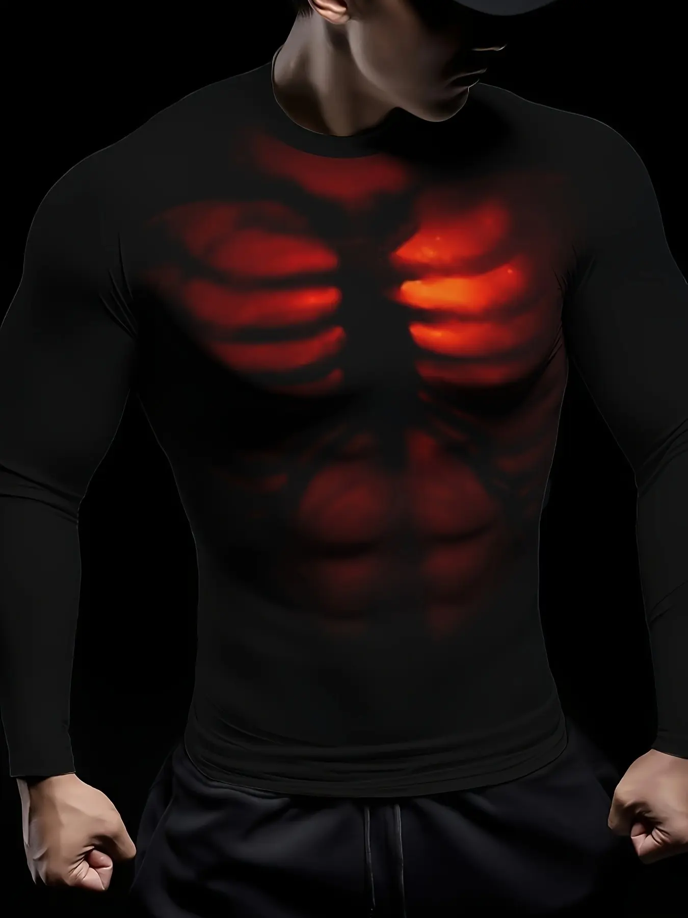 Men's High Stretch Halloween Skeleton Long Sleeve Top, Light Translucent Ribcage Full Print, Slim Fit Party Tee, Bar Costume, Menswear
