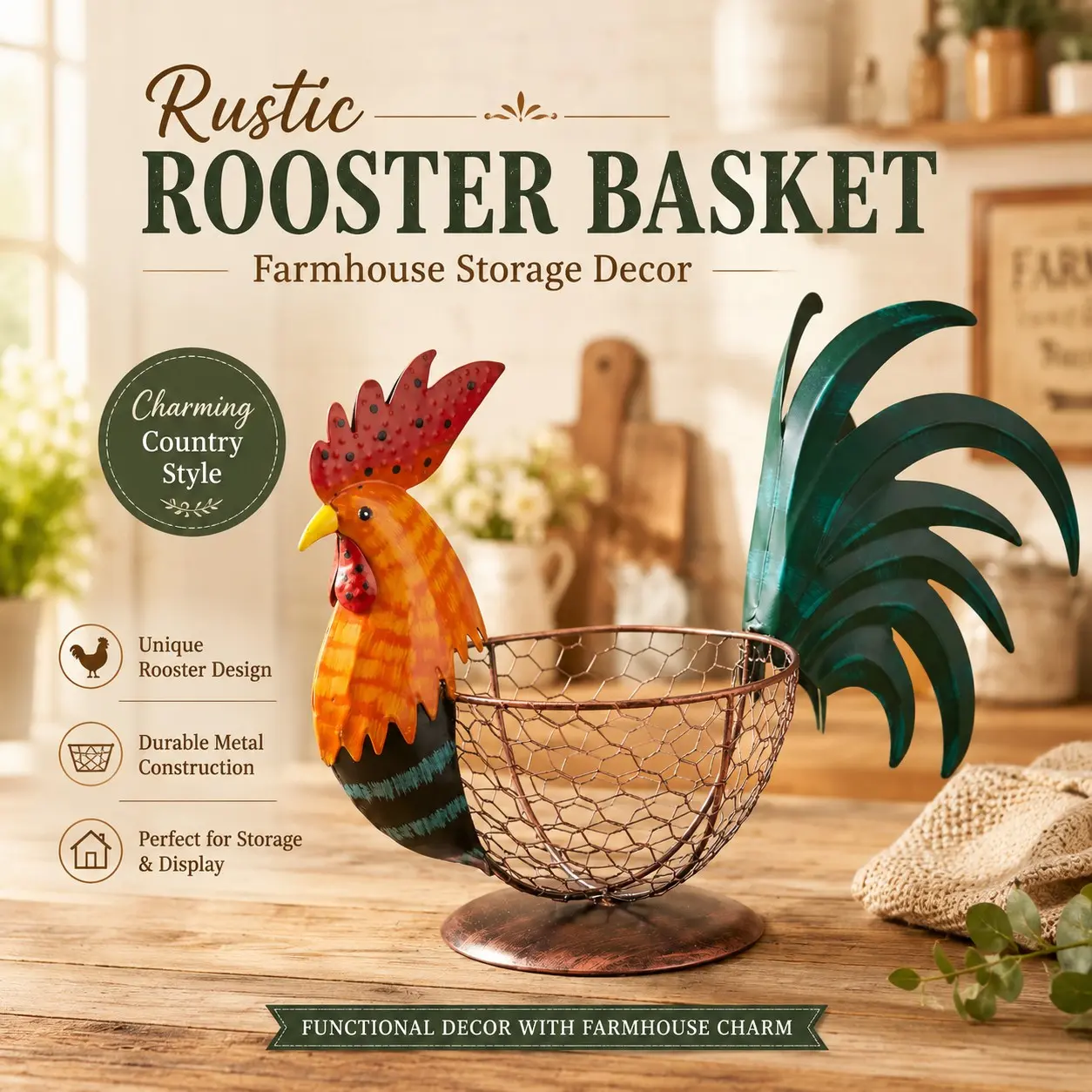 Farmhouse Rustic Multicolor Chicken Wire Metal Egg Basket, Vintage Rooster Ornament, Cute Decorative Fruit Basket for Kitchen & Home, Wire Storage Basket, Decorative Baskets