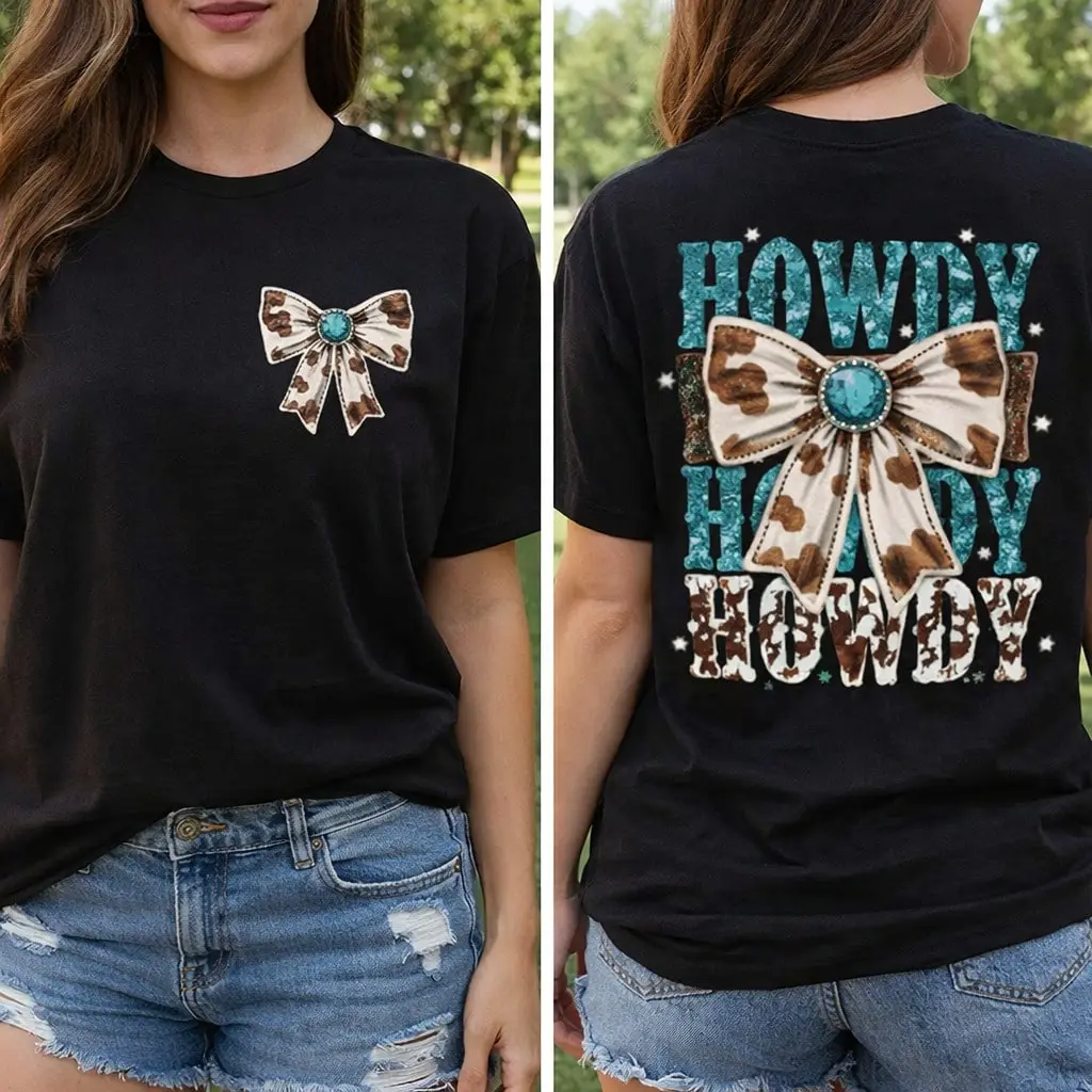Double Sided Howdy Cow Print Coquette Bow Turquoise Gem Graphic T-Shirt, Western Country Vintage Cowgirl Oversized Casual Tee, 100% Cotton 180g Unisex Viral Rodeo Top S-3XL