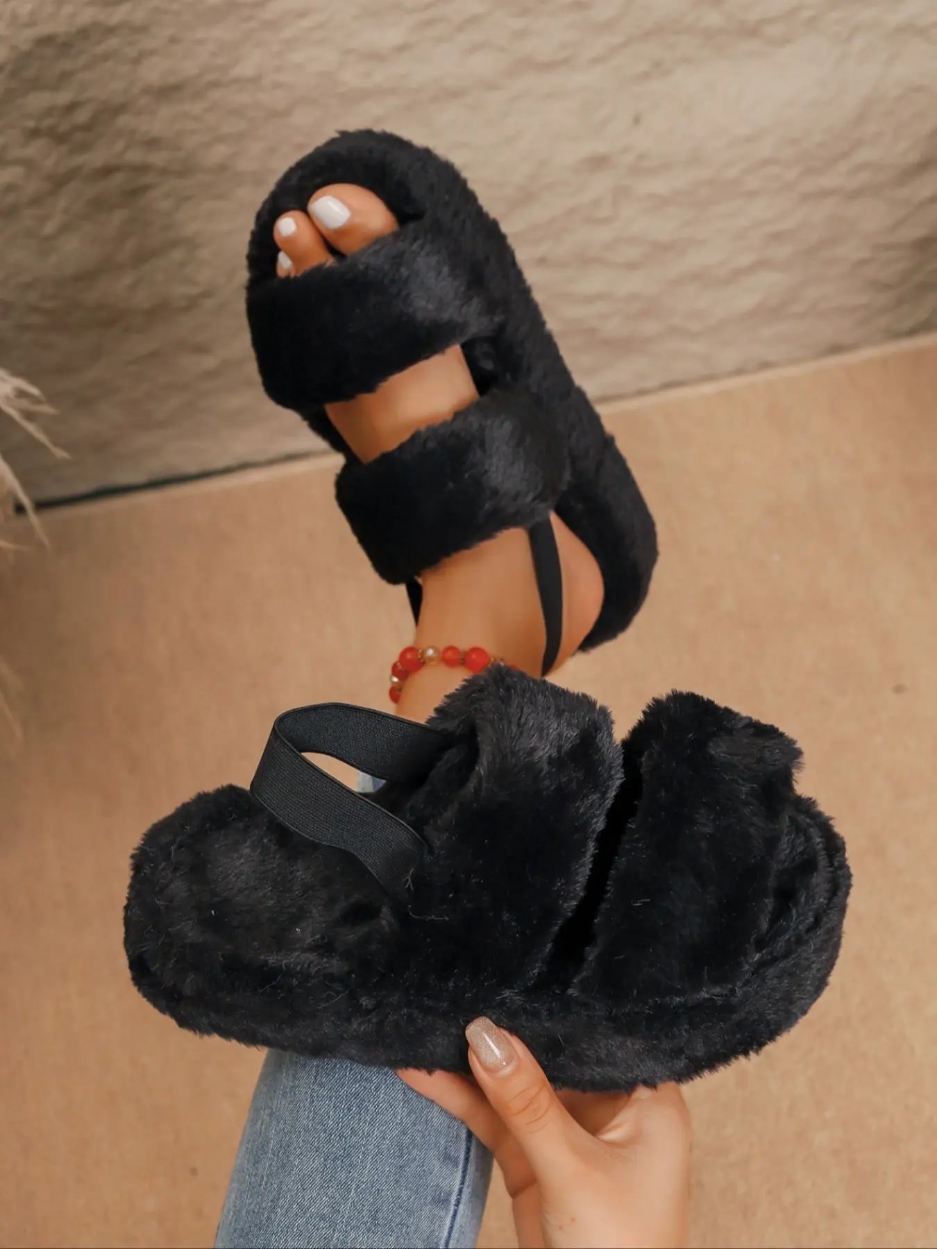 Women's Fuzzy Double Strap Platform Sandals, Cozy Winter Shoes, Elastic Ankle Strap Design #PlatformSandals #FuzzyFabric #DoubleStrap #WomensFootwear