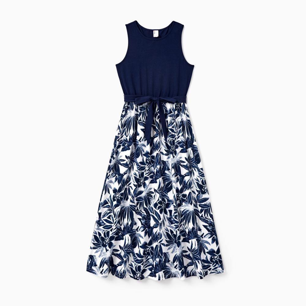 PatPat Family Matching Cotton Tee Flora Print Splicing Shirt or Tank Dresses