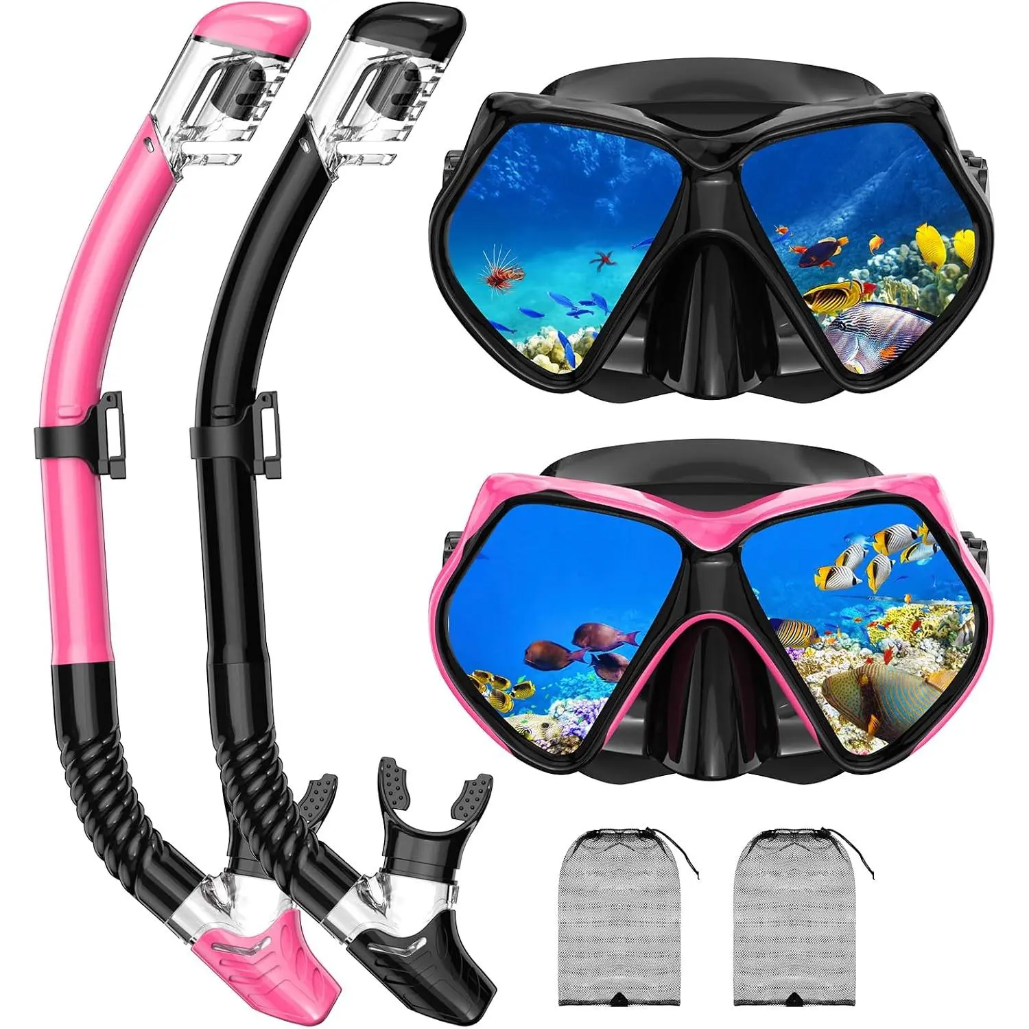 Snorkeling Gear for Adults, Snorkel Set Scuba Diving mask Dry-Top, Adult Swimming Goggles w/Nose Cover,  Tempered Glass Panoramic Anti-Leak Anti-Fog, Travel Snorkeling Packages