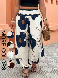 Women's High-Waisted Lantern Pants, Fashion Elastic Cuffed Long Pants for Holiday, Floral Print, Comfortable and Stylish Summer Wear, Casual Trousers, Ladies Bottoms, Womenswear