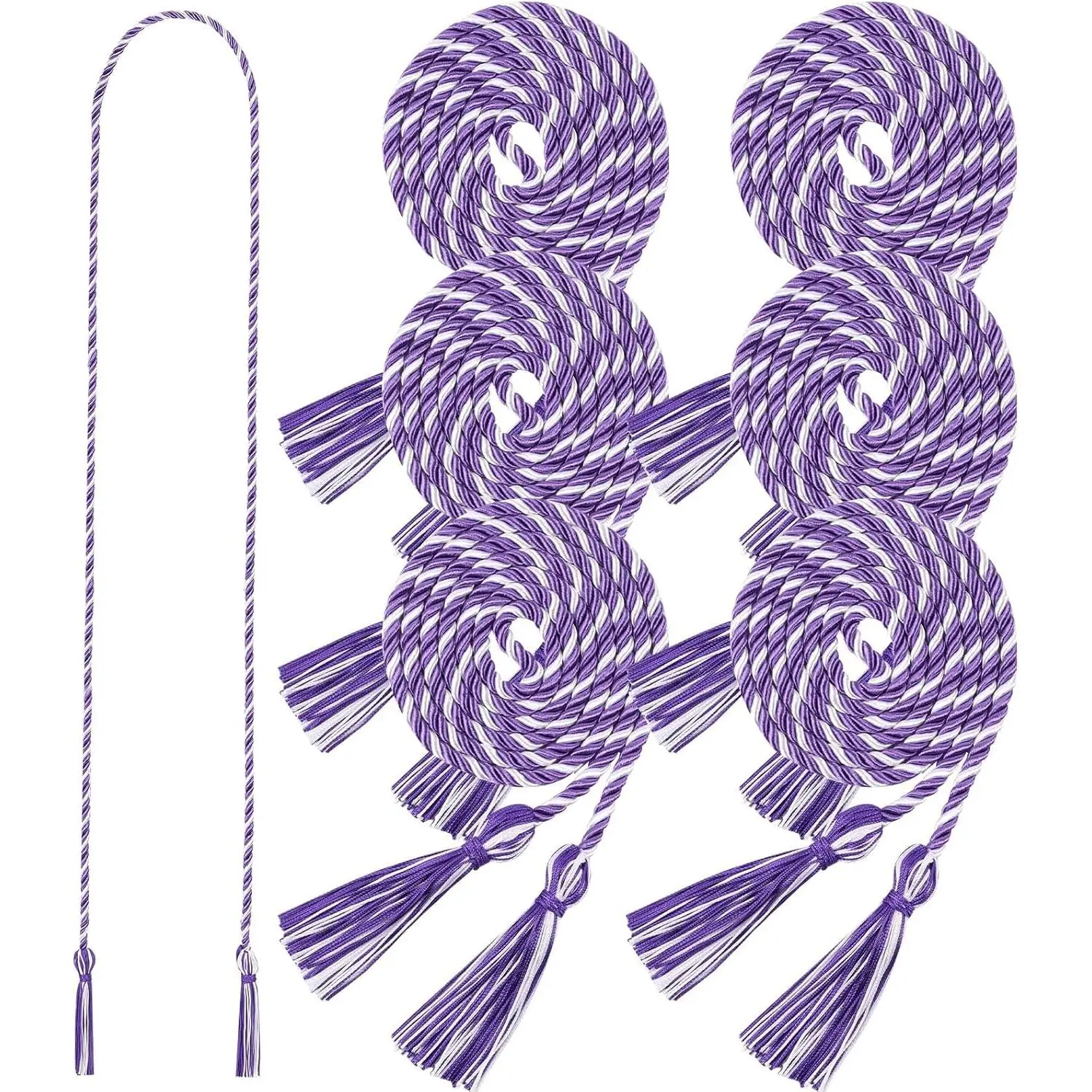 6 Pieces Graduation Honor Cords 68" Grad Braided Honor Cord with Tassel Honor Rope Grad Cords for Graduation Students Bachelor Master Doctoral Gown Grad Decor (Purple and White)