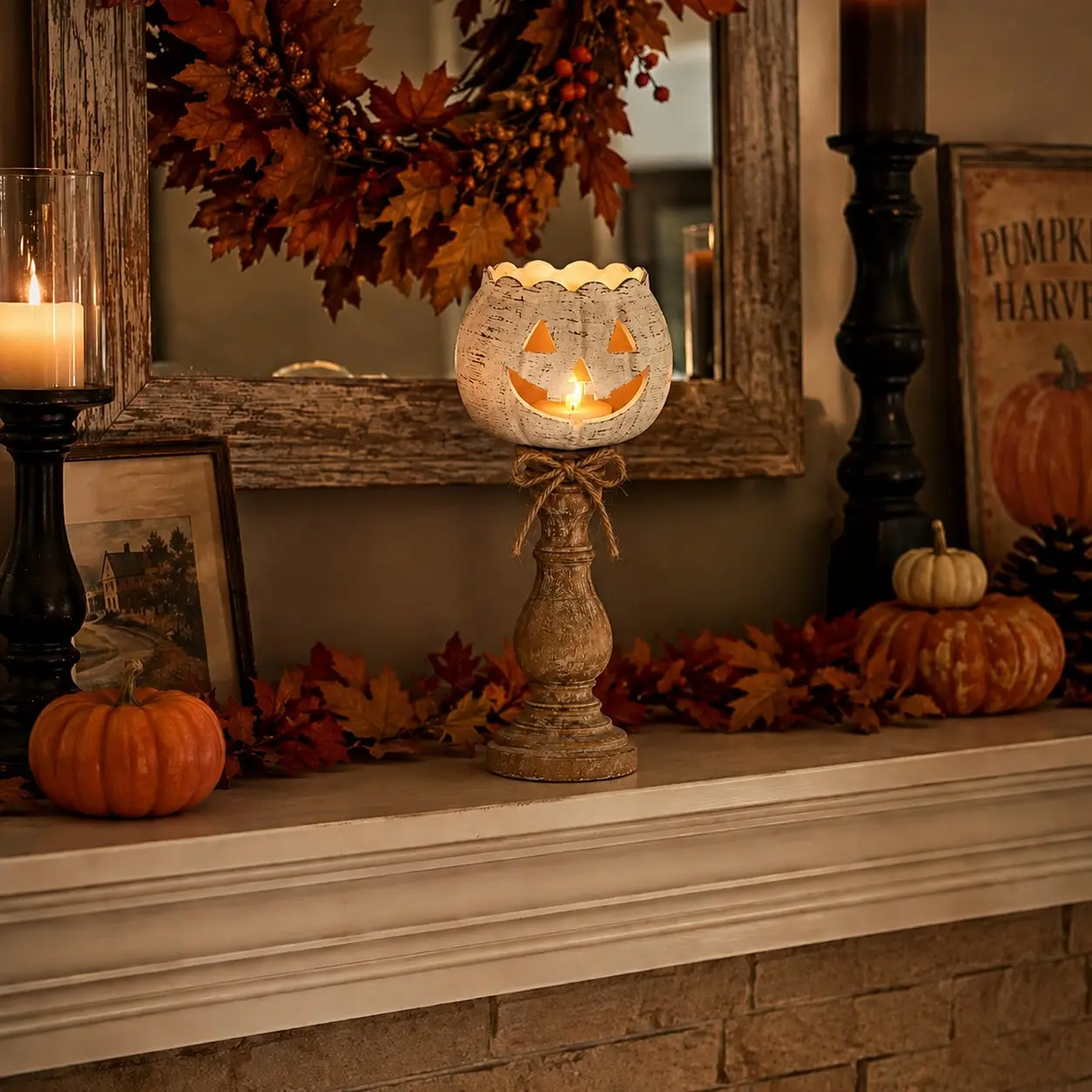 Country Style Pumpkin Candle Holders with Wooden Base and Jute Bow, Three Designs Farmhouse Jack O'lantern Tea Light Centerpiece for Halloween Dining Table Decor, Home Dining Decor