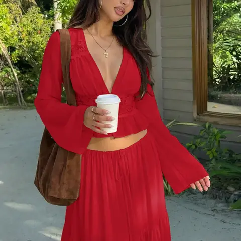 Women Spring Autumn Long Sleeve V Neck Tops Long Skirt Chic Skirt Sets Beach Vacation Chiffon Two Piece Set Outfit Clothes Co Ord Sets