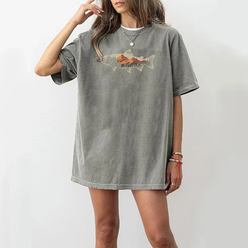 Women's Casual Fish Mountain Pattern Washed Short-Sleeve Tshirt - Plus Size Basics Top, Lady