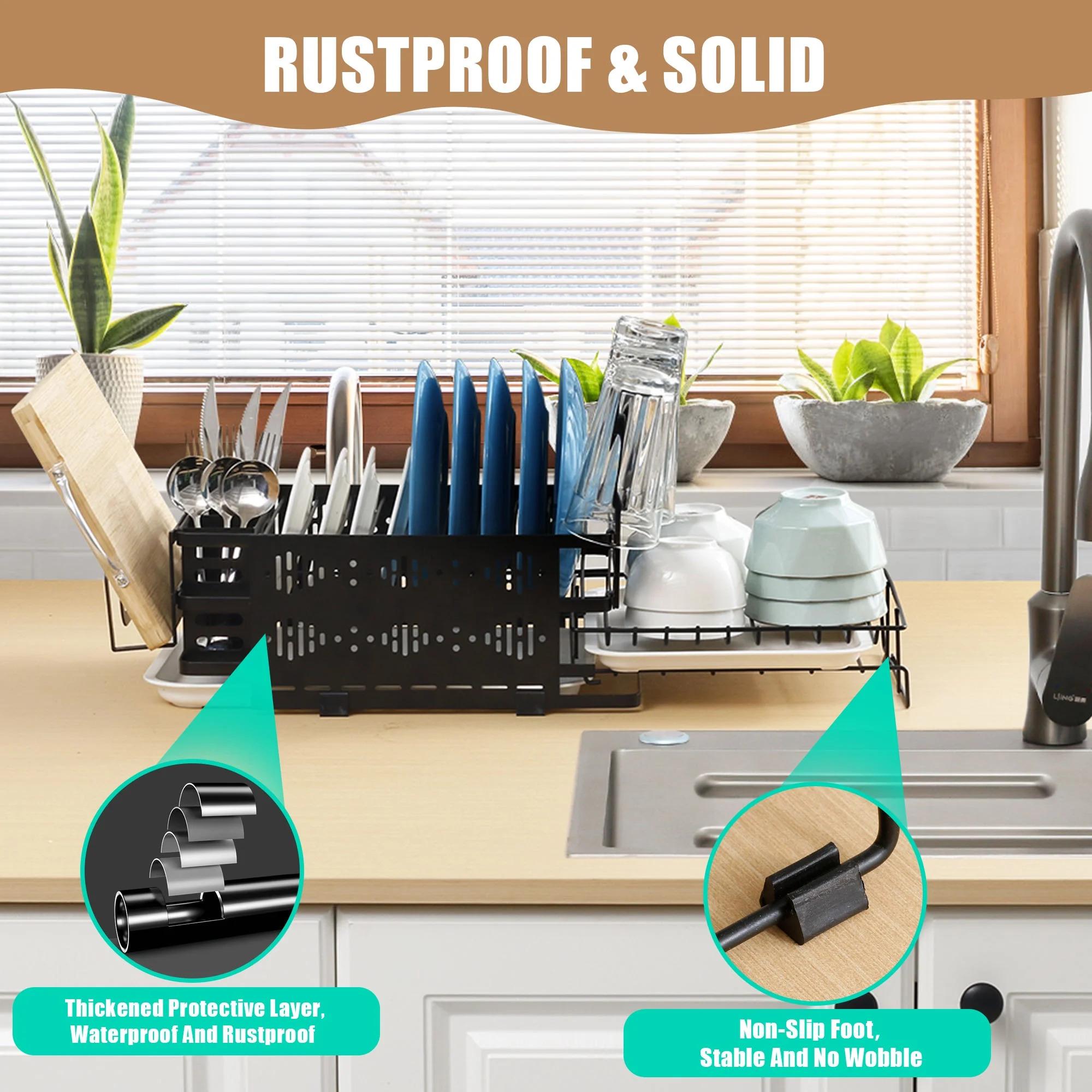 SICANDAENHK Tired of wet, messy dishes taking over your counter?This compact 2-tier extendable dish rack is the perfect solution!With a built-in drying tray, separate utensil and cup holders, high-quality stainless steel material, easy drainage