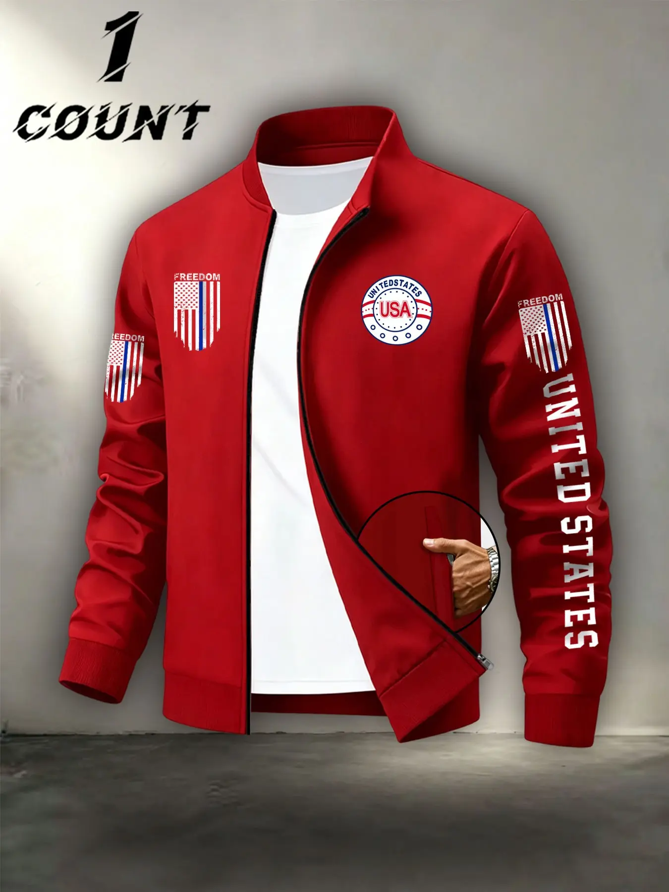 American Style Letter Print Baseball Jacket, Zipper Casual Outerwear, Men's Patriotic Daily Commute Flight Suit Top, Comfortable and Stylish