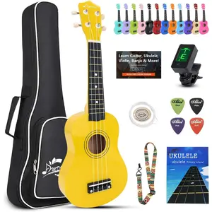 Ukulele for Beginners Hawaiian  Soprano Ukelele Starter Kit for  Adult Student Ukalelee Uke Bundle Pack with Free Lessons Gig Bag Tuner Strap Picks Nylon Strings (Yellow, 21 Inch)