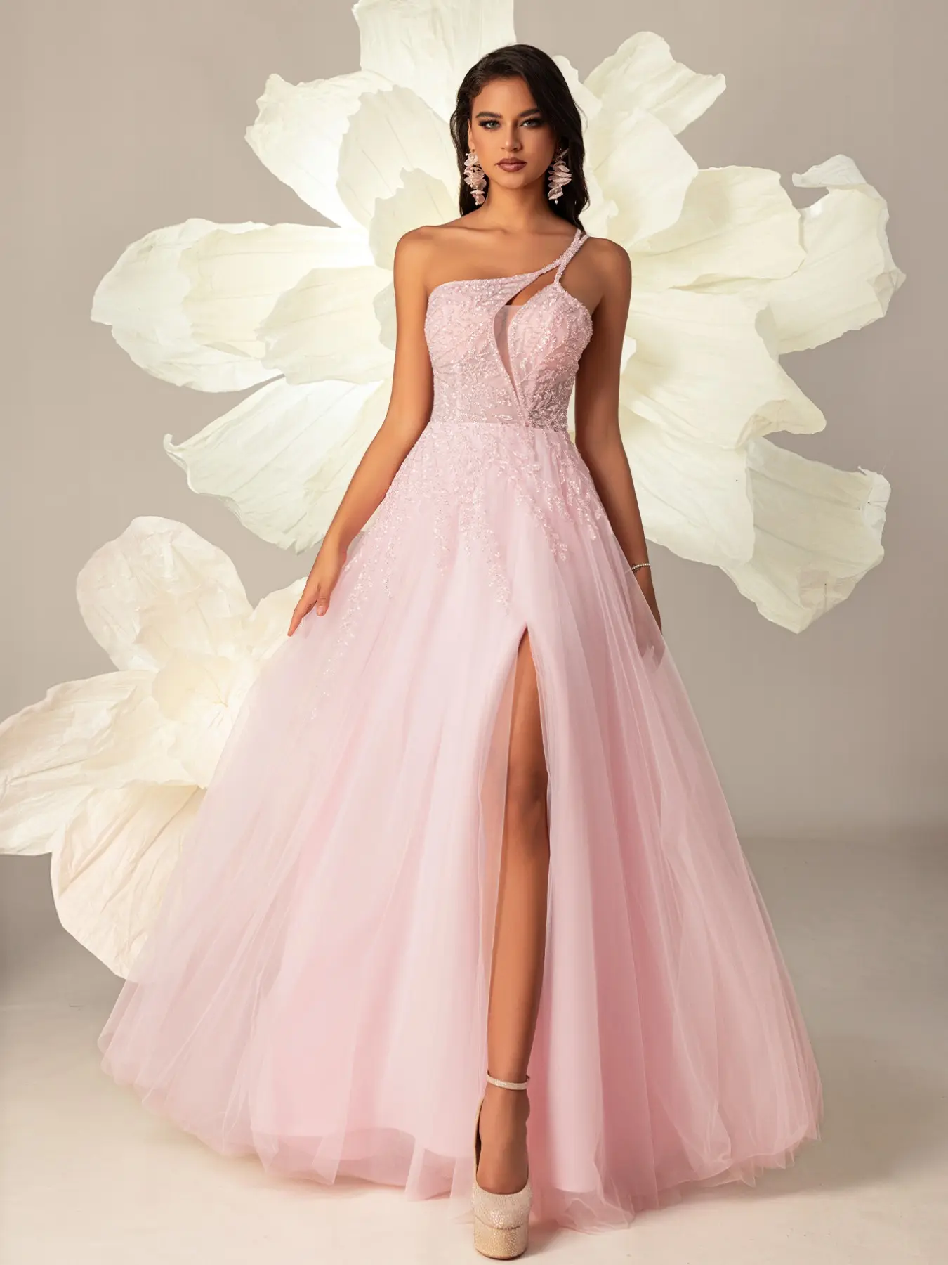 Elegant Asymmetrical Neckline Sleeveless Beaded Chiffon Ball Gown, A-Line High Slit Evening Dress, Dreamy Formal Party Dress, Graduation Party Dress, Women's Formal Long Dress, Wedding Guest Dress, Formal Wear