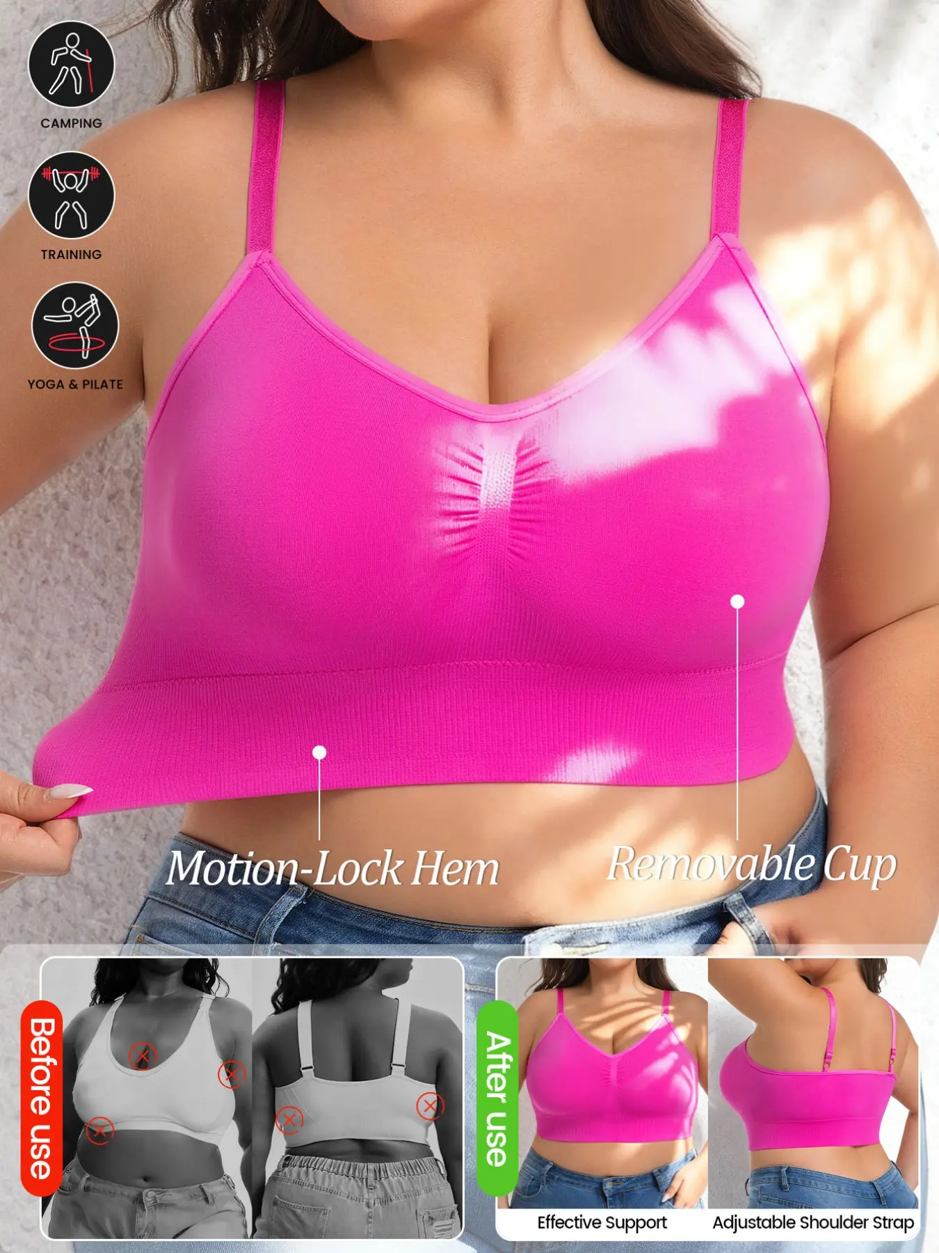 Women's Plus Size Seamless Adjustable Bra, Plain No Underwire Removable Pads, Breathable Comfort Shockproof, All Season Female Bras, 4 Colors Available